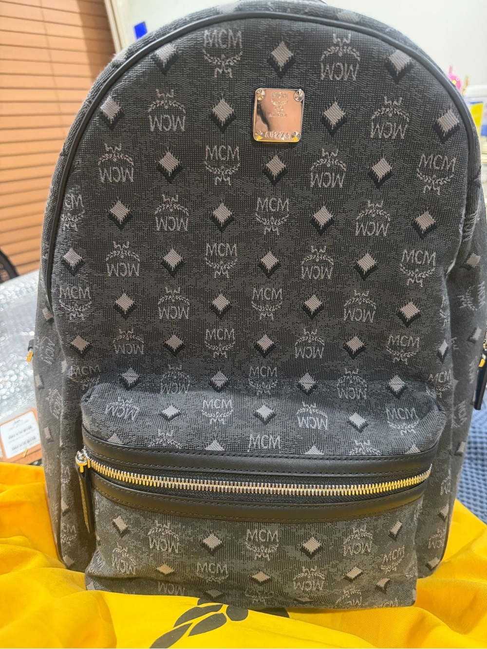 MCM Black Logo Jacquard Backpack with Gold Plate
